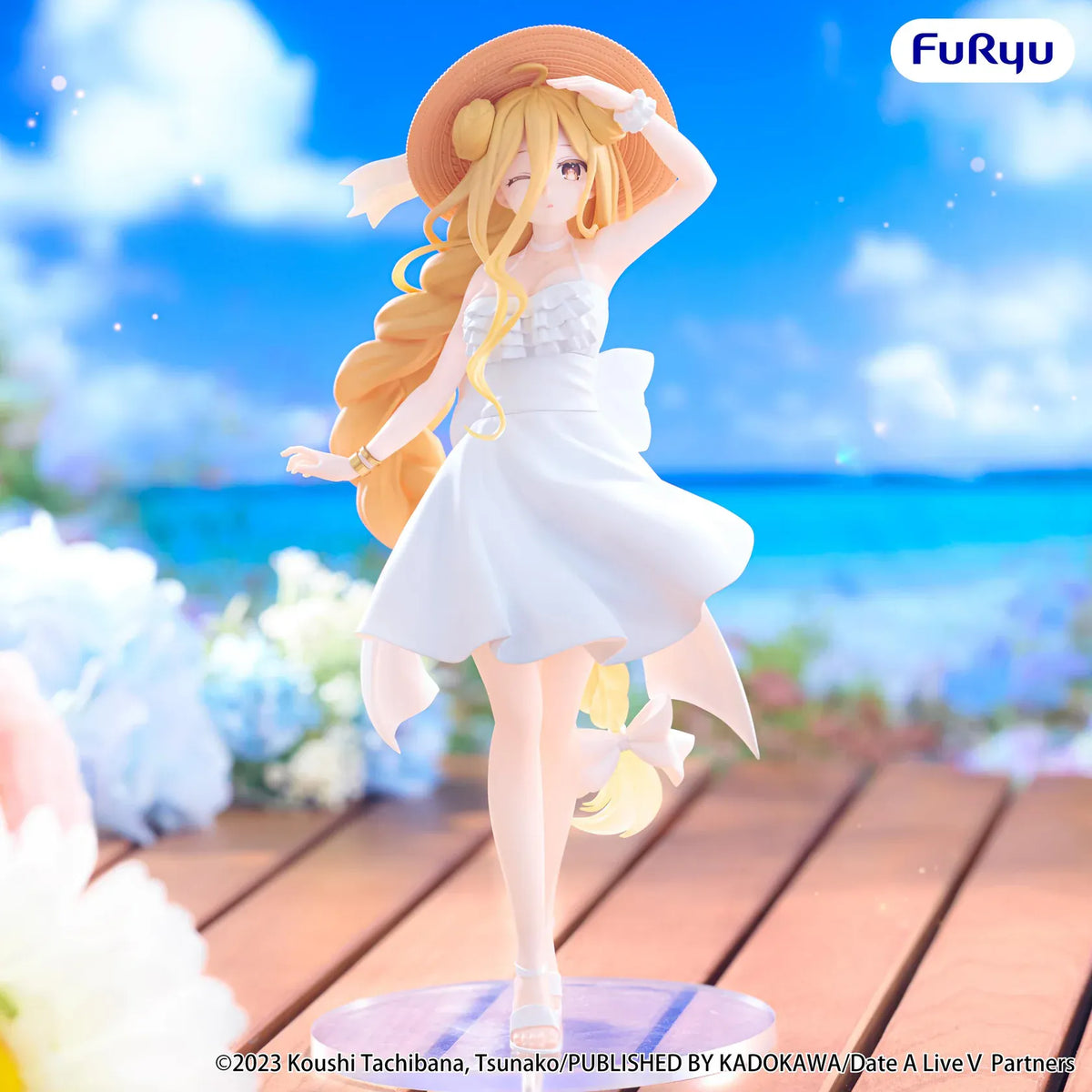 Date A Live V Mukuro Hoshimiya Summer Dress figure wearing a flowing white dress, wide-brimmed sun hat, and sandals with long golden-blonde hair