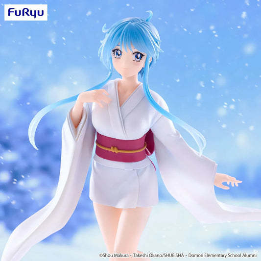Anime figure of Yukime from Hell Teacher: Jigoku Sensei Nube walking across a snowy base in a flowing white yukata with long blue hair and a red obi.