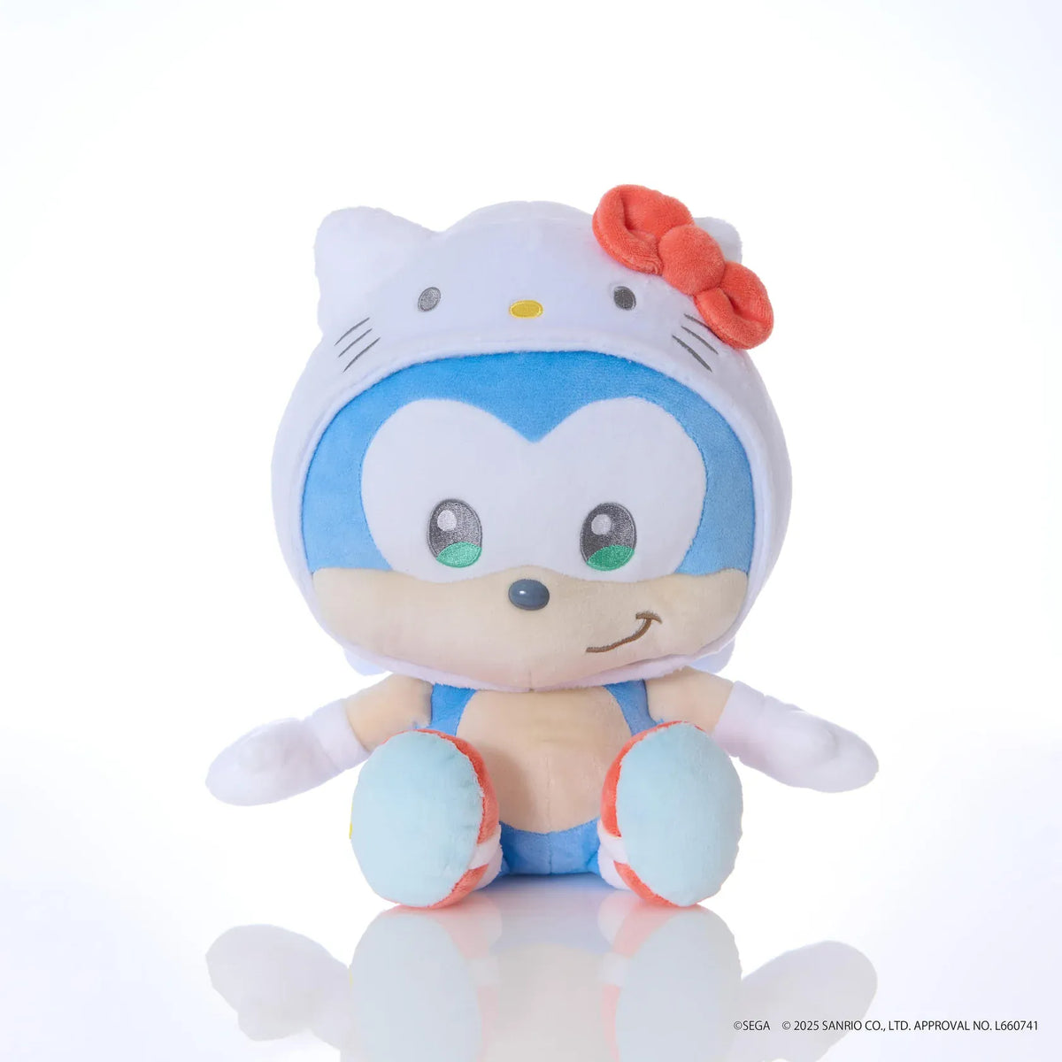 Sonic & Friends x Sanrio Sonic medium plush wearing a white Hello Kitty hood with ears, whiskers, and a red bow.