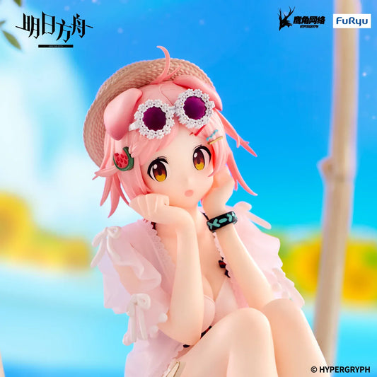 Arknights Goldenglow Summer Flowers FA394 Ver Noodle Stopper Figure seated in summer outfit with pink hair and sandals