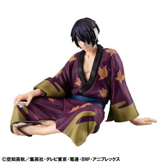 Gintama G.E.M. Series Takasugi-san Tenohira figure sitting in purple yukata with butterfly patterns holding sake cup.