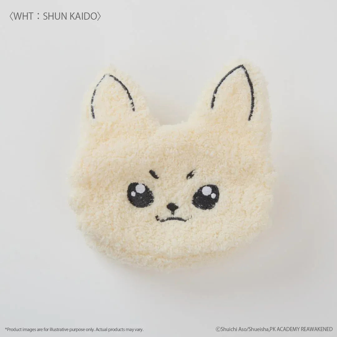 SHUN KAIDO Fukamoko Pouch featuring a fluffy cream-colored animal face with pointed ears, large black embroidered eyes, a small nose, and an adorably determined expression.