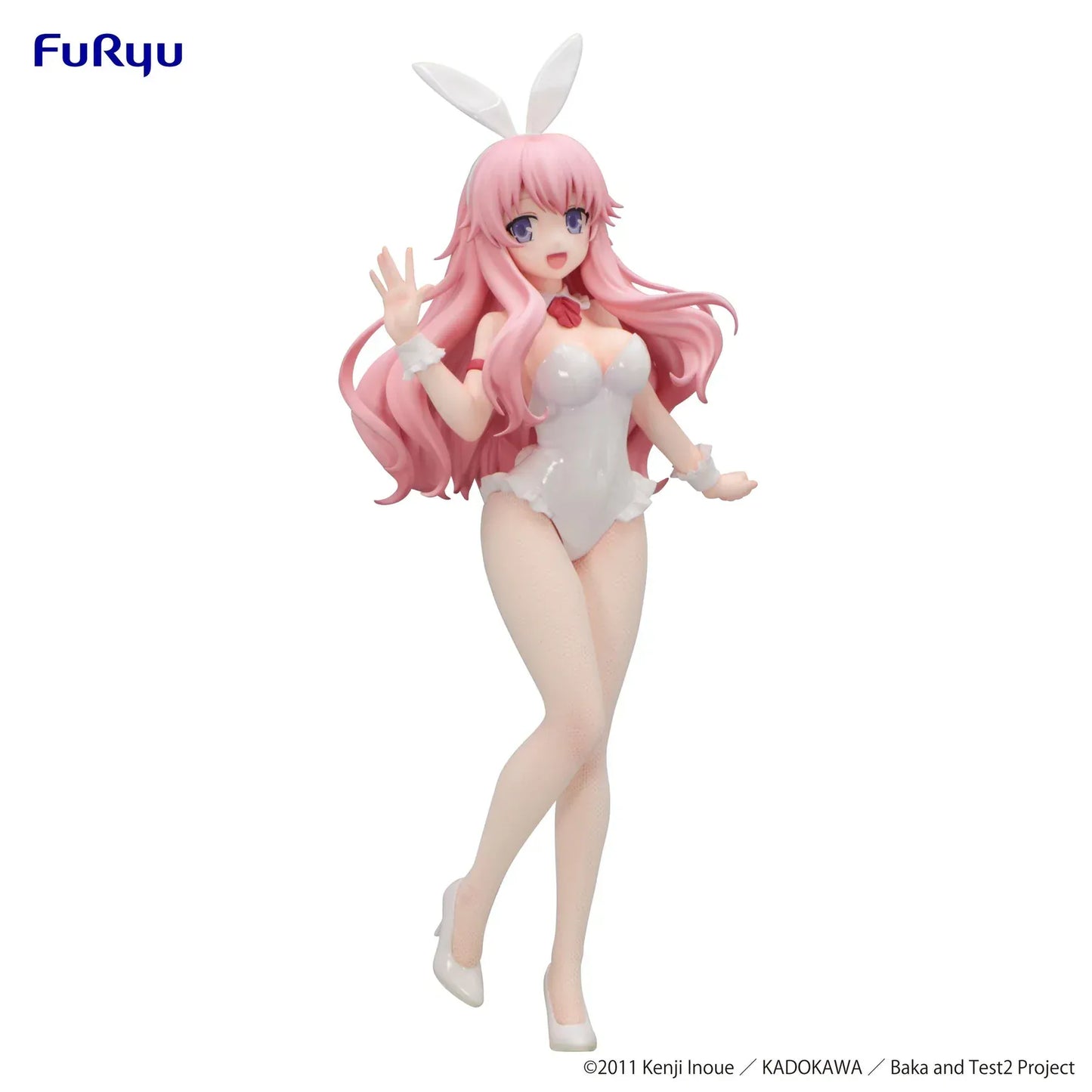 BiCute Bunnies figure of Himeji Mizuki from Baka and Test, wearing a white bunny outfit with long pink hair, waving with a cheerful smile.