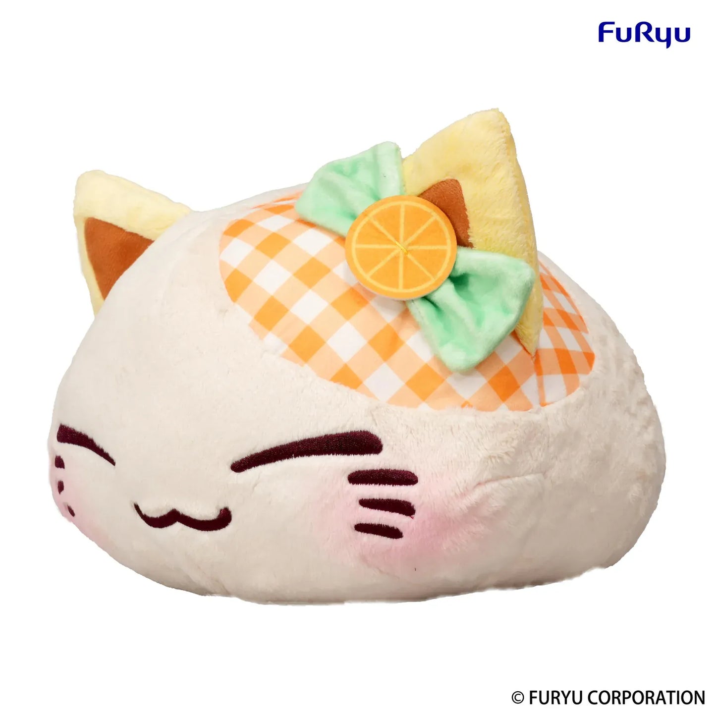 Nemuneko Cat Fruit Big Plush Toy Orange by FuRyu featuring a sleepy white cat plush with orange gingham details, yellow ears, a mint bow, and orange slice accent.