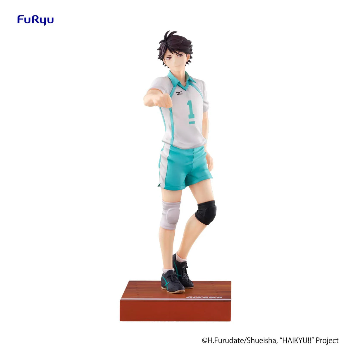 Haikyu!! Toru Oikawa figure in a white-and-turquoise number 1 uniform, extending a fist while standing on a rectangular court-inspired base.