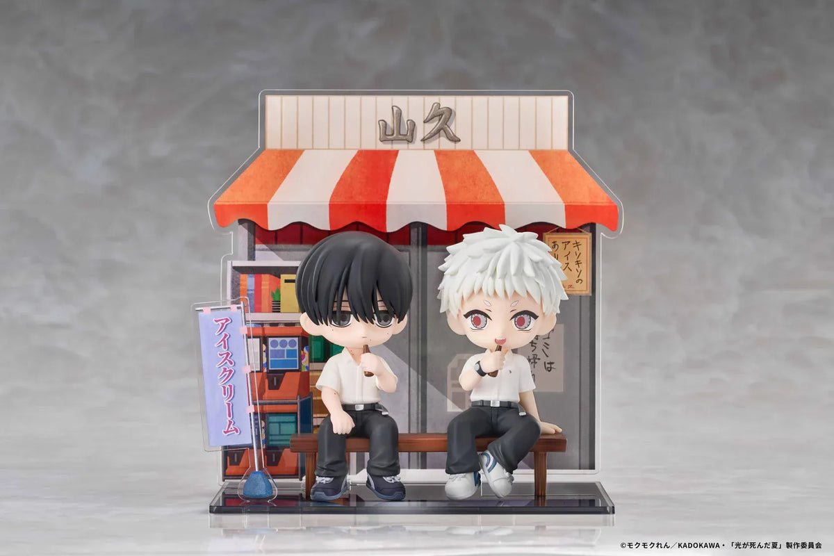 The Summer Hikaru Died Yoshiki & Hikaru Chibi Figure featuring black-haired Yoshiki and white-haired Hikaru sitting together on a wooden bench while enjoying frozen treats in front of a Japanese ice cream shop with a red and white striped awning and transparent display base.
