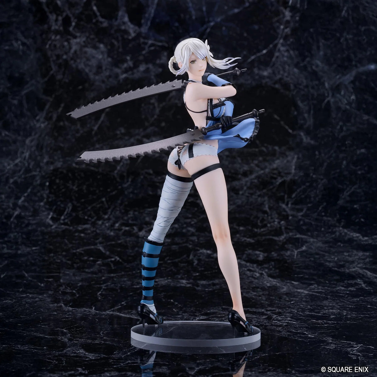 NieR POP UP PARADE Kaine L Size Figure featuring a white-haired character wearing a revealing blue and black outfit with lace details, one bandaged leg, and black high heels while holding two large swords in a dynamic pose.