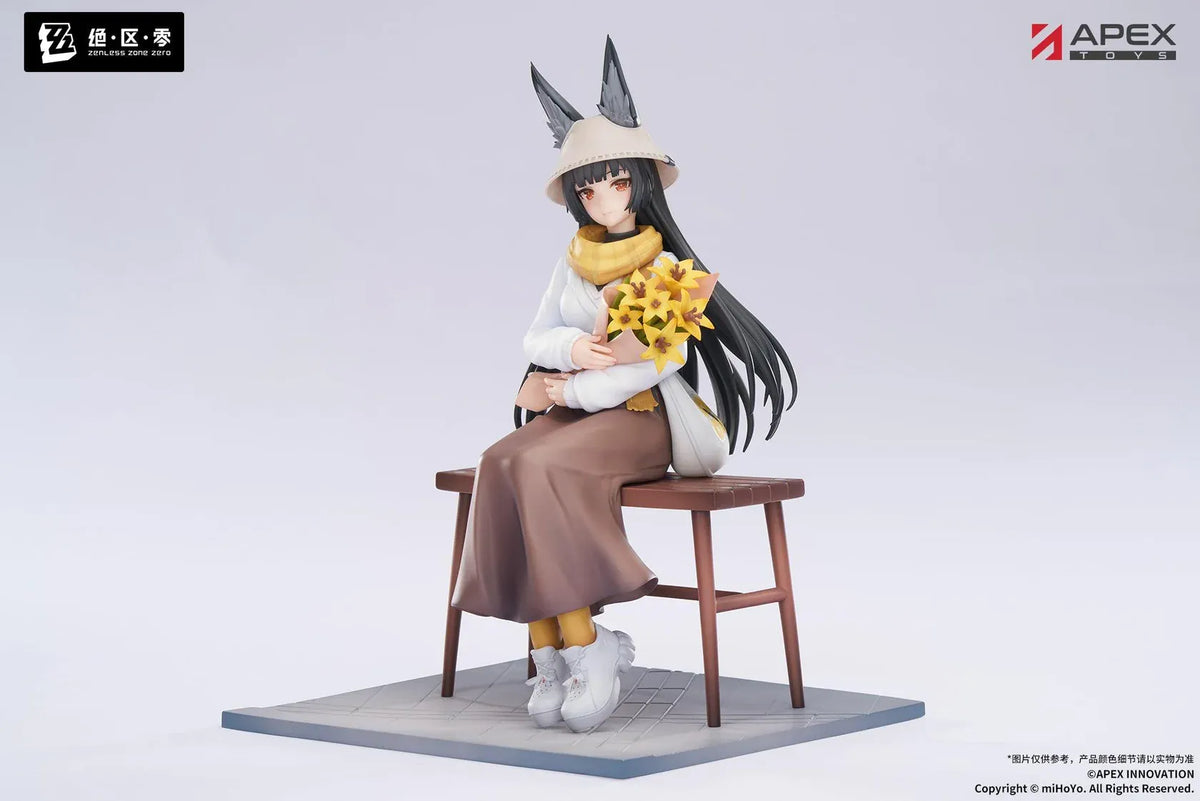 Zenless Zone Zero LIMEPIE Hoshimi Miyabi Daybreak Ver. 1/8 scale figure seated on a bench while holding yellow flowers in a casual outfit.