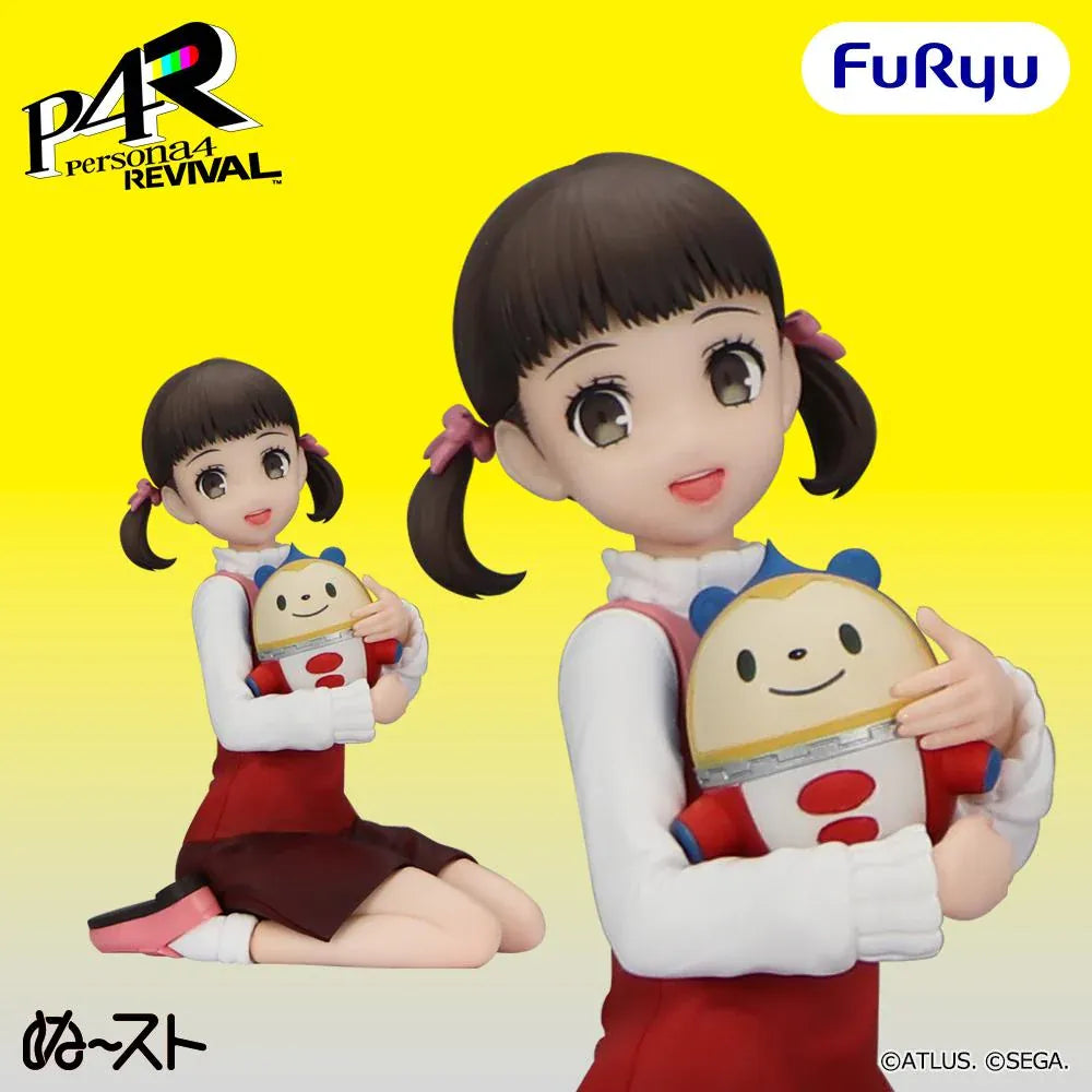 Persona 4 Revival Nanako Dojima Noodle Stopper figure seated with her legs folded to one side, wearing a red outfit and hugging a Teddie toy.