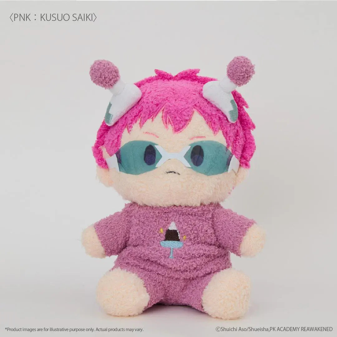 The Disastrous Life of Saiki K. Kusuo Saiki Fukamokogurumi Plushie featuring bright pink hair, green-tinted glasses, white psychic limiters with pink pom-poms, and a fluffy pink outfit with an embroidered coffee jelly design in a cute seated pose.