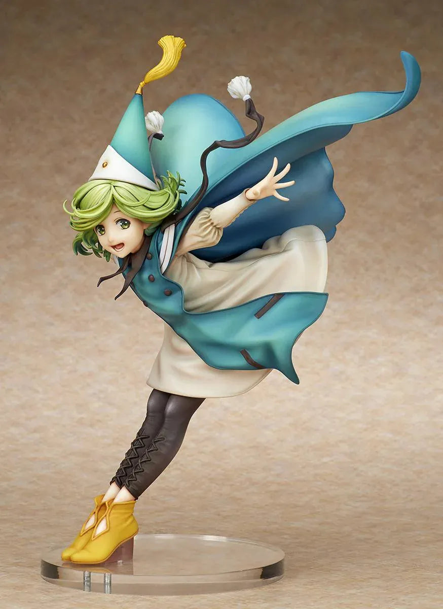 Witch Hat Atelier Coco 1/6 scale figure in a dynamic airborne pose wearing a pointed witch hat, cream dress, teal cloak, and golden shoes.