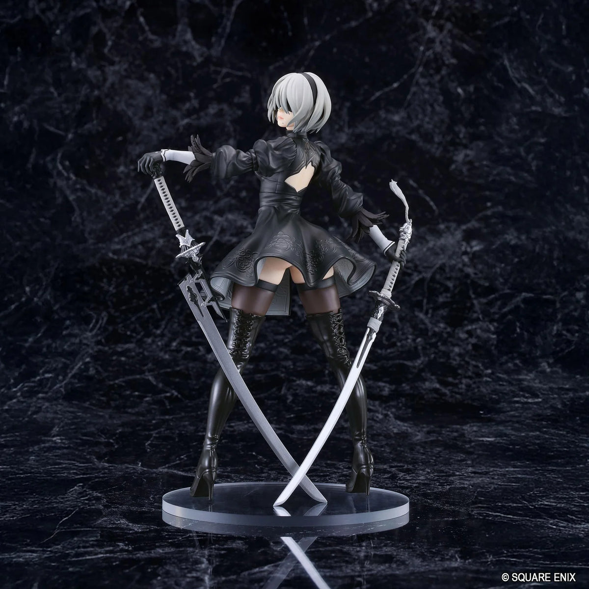 NieR POP UP PARADE 2B YoRHa No.2 Type B L Size Figure featuring a silver-white-haired android wearing a black gothic combat dress, thigh-high boots, and black gloves while holding a large sword on a circular display base.