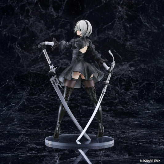NieR POP UP PARADE 2B YoRHa No.2 Type B L Size Figure featuring a silver-white-haired android wearing a black gothic combat dress, thigh-high boots, and black gloves while holding a large sword on a circular display base.