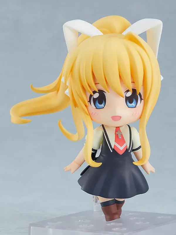 KAGINADO Nendoroid Misuzu Kamio figure featuring blue eyes, long blonde hair, an oversized white ribbon, a dark school dress, and a red necktie.