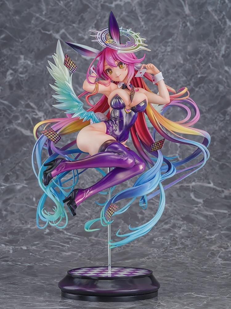 No Game No Life Jibril Bunny Ver. 1/6 Scale Figure featuring a pink-haired anime girl with flowing multicolored strands, golden eyes, purple bunny ears, a glossy purple bunny suit, thigh-high stockings, feathered wings, and a halo floating above a checkered display base.