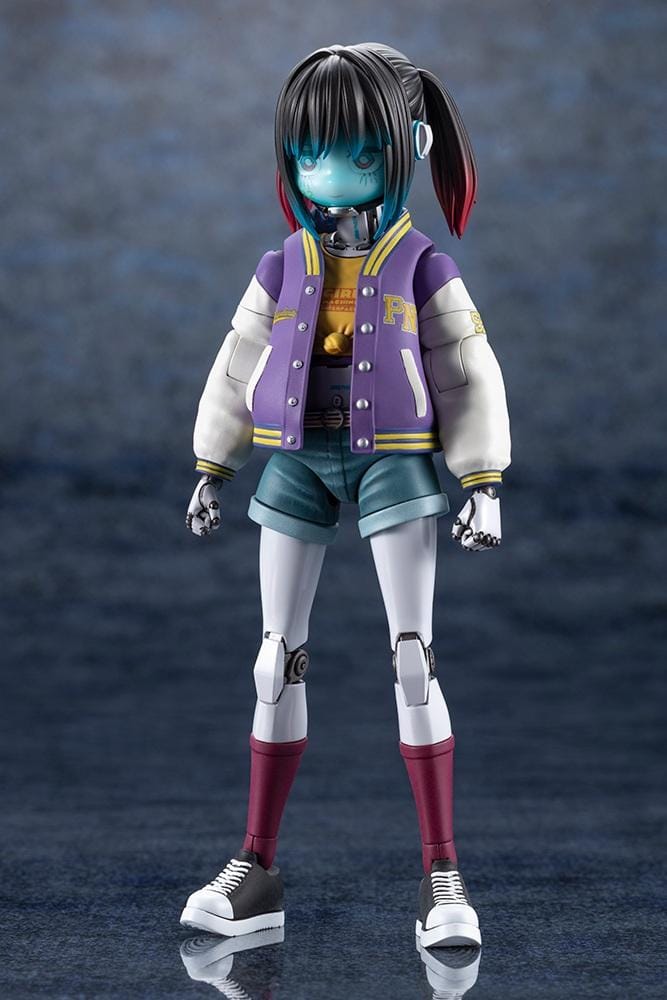 Milky Subway The Galactic Limited Express Makina Model Kit Figure featuring a robotic anime girl with black twin-tail hair, a blue-tinted face, a purple varsity jacket with white sleeves, denim shorts, mechanical arms and legs, burgundy socks, and black-and-white sneakers.