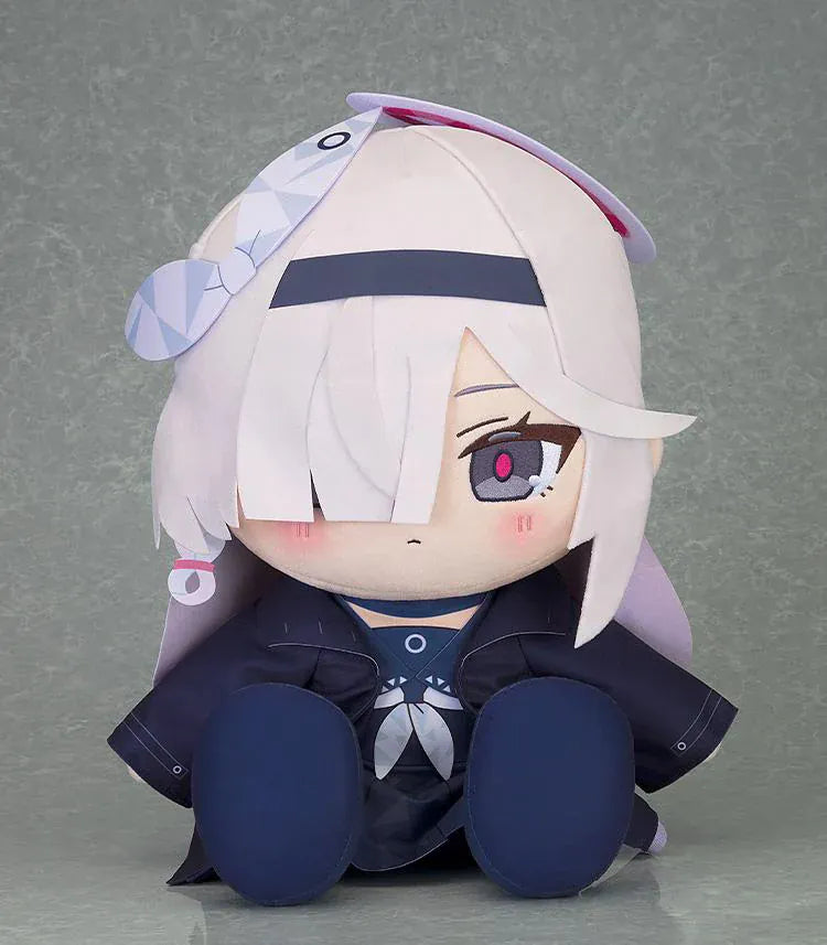 Blue Archive Chocopuni Big Plushie Plana featuring Plana in a soft chibi-style seated plush design with pale hair, pink eye detail, dark outfit, and calm expression.