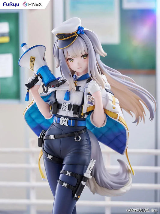 Nijisanji Ruri Shioriha 1/7 scale figure featuring megaphone accessory, silver hair, and detailed blue-and-white outfit