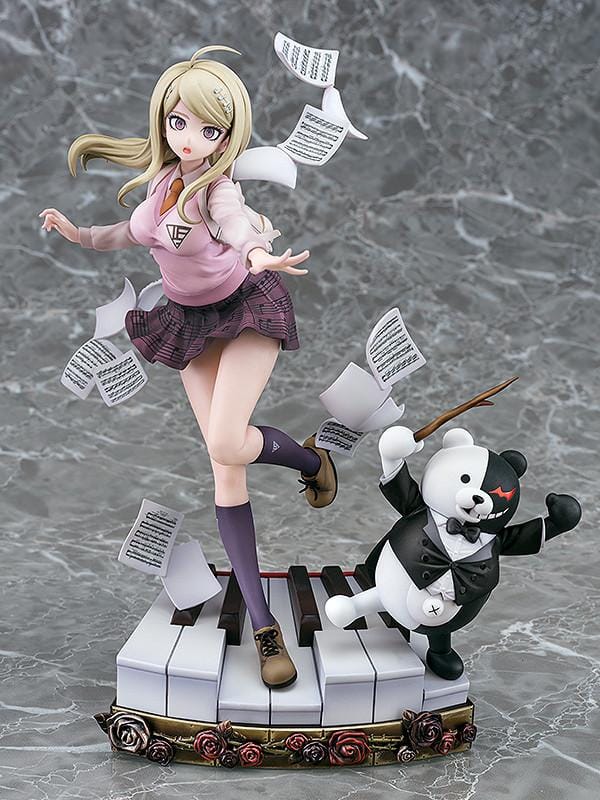 Danganronpa V3 Kaede Akamatsu 1/7 scale figure posed with floating sheet music and Monokuma on an ornate piano-key base.