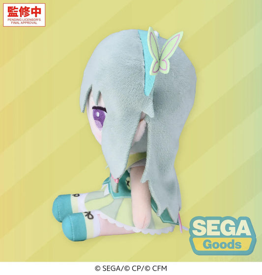 Hatsune Miku Colorful Stage MySEKAI Nene Kusanagi Plush with mint-green hair, purple embroidered eyes, pink bow, and stage outfit