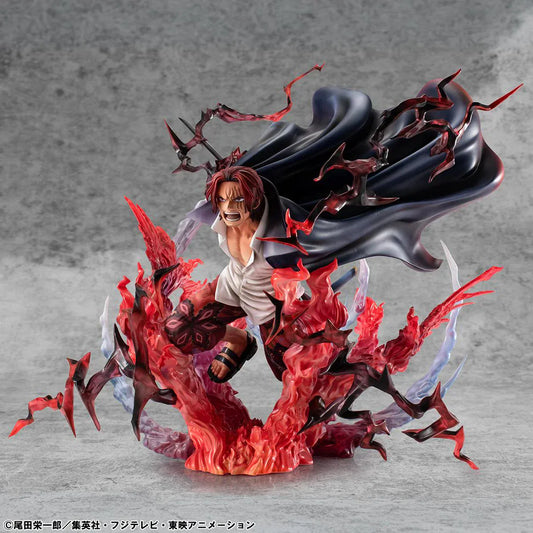 One Piece Portrait of Pirates SA-MAXIMUM Red-Haired Pirates Captain Shanks Kamusari Ver. Exclusive figure with red Haki lightning effects and flowing cape.