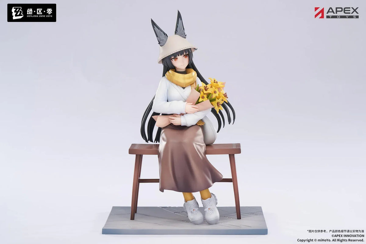 Zenless Zone Zero LIMEPIE Hoshimi Miyabi Daybreak Ver. 1/8 scale figure seated on a bench while holding yellow flowers in a casual outfit.