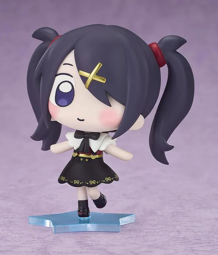 NEEDY STREAMER OVERLOAD Ame chibi figure with dark purple twin tails, gold cross hair clip, black and white outfit, and blue star-shaped base.