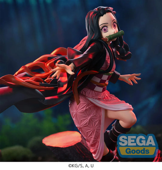 Nezuko Kamado Xross Link figure from Demon Slayer in dynamic airborne pose wearing pink kimono and black haori with bamboo muzzle.