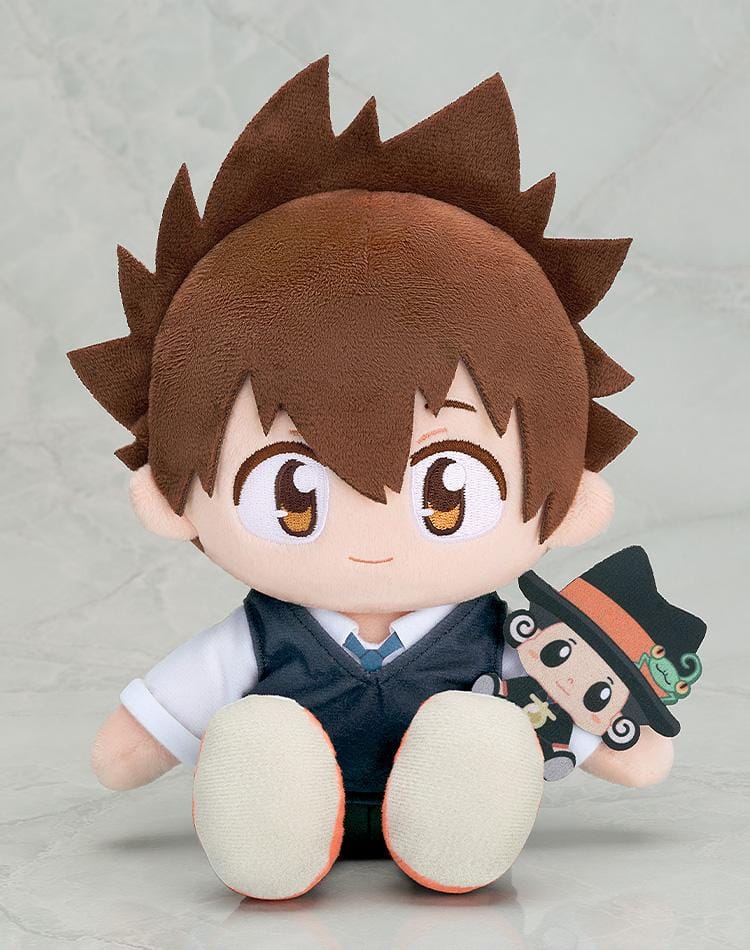 REBORN! Plushie Tsunayoshi Sawada with spiky brown hair, school uniform outfit, embroidered eyes, and mini Reborn accessory