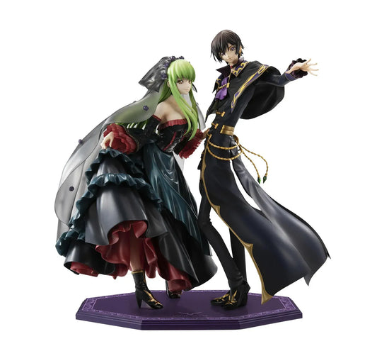 Code Geass Precious G.E.M. L.L. and C.C. 20th Anniversary Ver figure set in formal black outfits with dynamic poses.