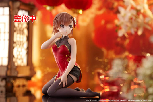 A Certain Scientific Railgun Desktop Cute Mikoto Misaka Chinese Dress Ver. Figure in red and black outfit kneeling with flower hair accessory