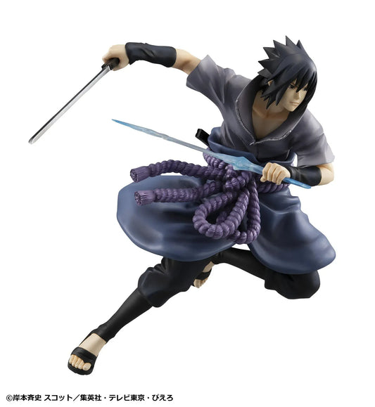 Naruto Shippuden G.E.M. Series Sasuke Uchiha Great Ninja War Ver. Reissue figure in battle pose with sword, purple rope belt, and effect detail