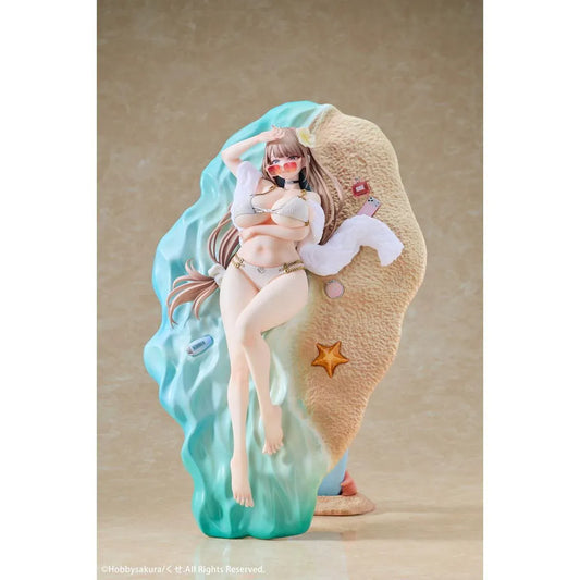 Asako Fuyuyama Summer Beach Date Deluxe Edition 1/6 Scale Figure featuring a brown-haired anime girl in a white bikini and orange sunglasses relaxing against a turquoise beach display, accompanied by a matching illustrated wall scroll.