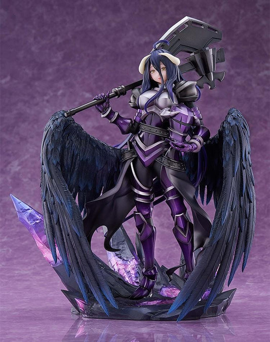 Albedo Hermes Trismegistus Ver. 1/7 scale figure in purple and silver armor, with dark feathered wings, a large black weapon, and a purple crystal base.