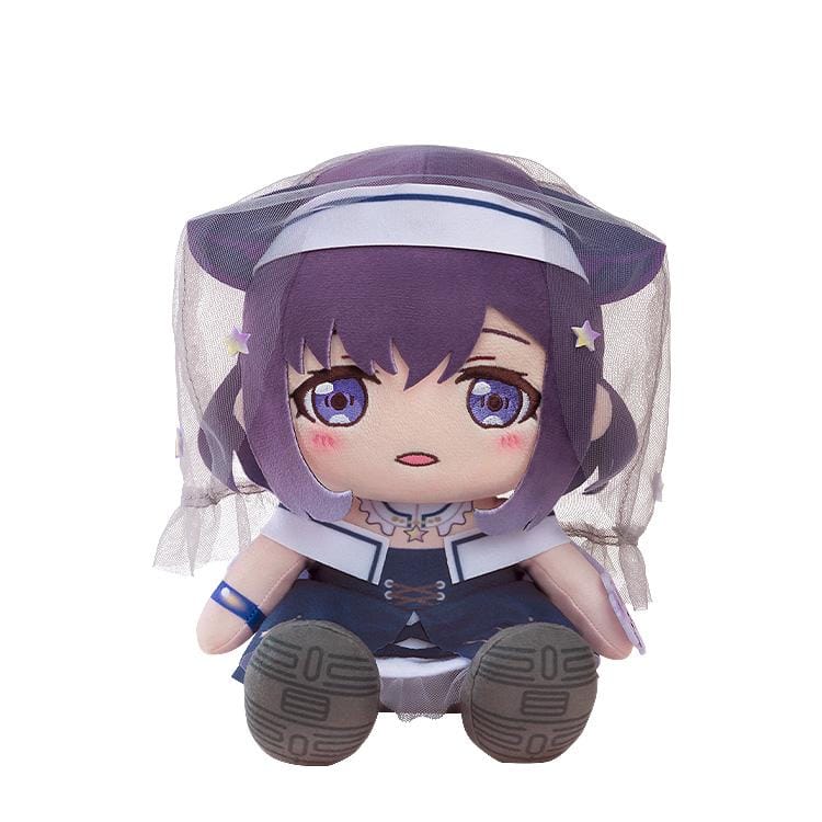 BanG Dream! Mugendai Mewtype Miyako Fuji plushie rerelease with purple hair, embroidered violet eyes, elegant veil, and detailed navy outfit