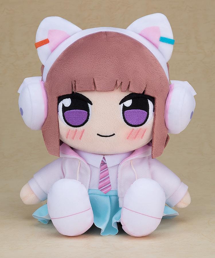 IKIZULIVE LOVELIVE BLUEBIRD Kuripan Plushie Shion Sasaki with brown hair, purple embroidered eyes, cat-ear headset, pastel outfit, and seated chibi plush design