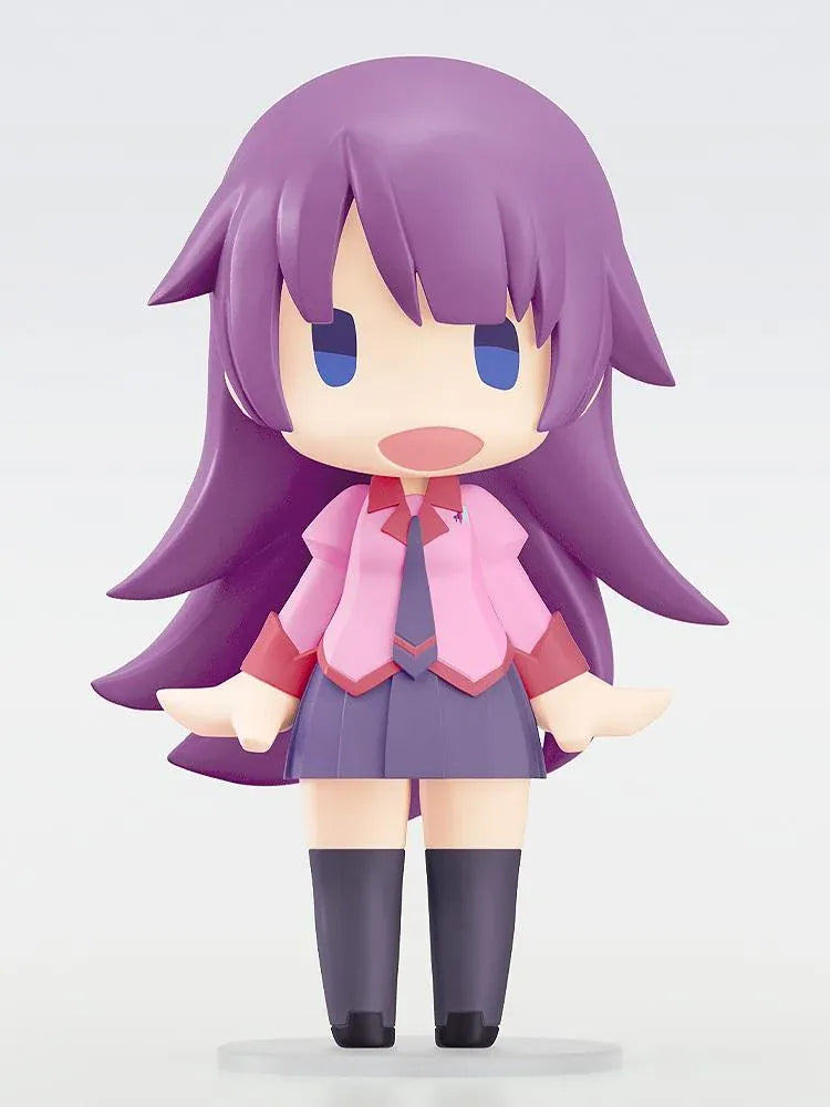 Monogatari Series HELLO! GOOD SMILE Hitagi Senjyogahara Figure featuring a purple-haired anime girl with blue eyes, a pink school uniform, dark necktie, pleated skirt, and knee-high socks in a cute chibi design.