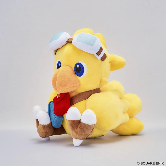 Final Fantasy Chocobo Chocobo and the Airship Ver. Plush with yellow Chocobo, pilot goggles, travel bag, blue embroidered eyes, and seated plush design