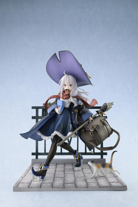 Wandering Witch The Journey of Elaina Elaina DX Ver. 1/7 Scale Figure Rerelease featuring Elaina seated on a bench with witch hat, broom, travel bag, cat, and stone-pavement display base.