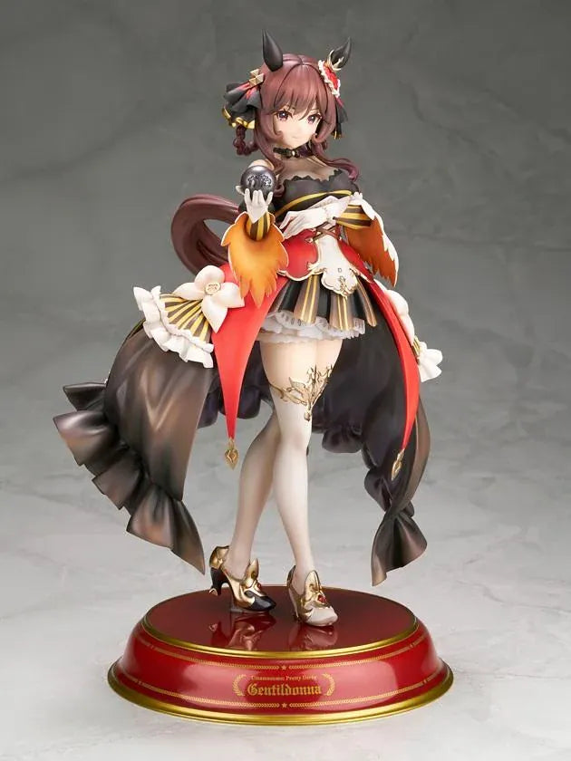 Umamusume Pretty Derby Gentildonna 1/7 Scale Figure featuring a brown-haired horse girl with a playful wink, an elaborate black, red, and gold outfit, flowing decorative fabric, white ruffles, ornate accessories, elegant stockings, and gold-accented heels standing on a red and gold circular display base.