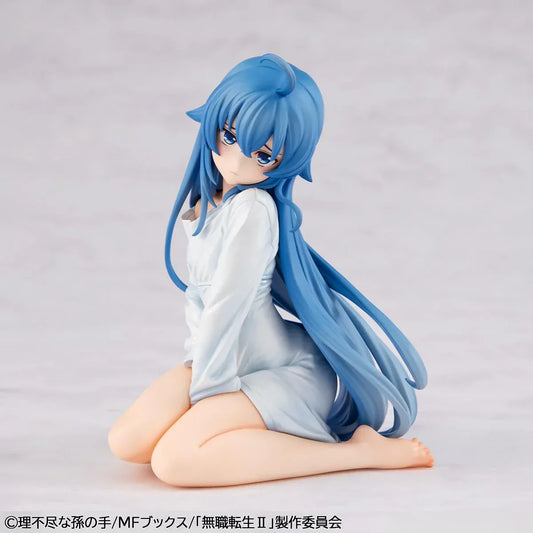 Mushoku Tensei Melty Princess Roxy Migurdia Peeping Ver. figure kneeling in oversized white shirt with long blue hair.