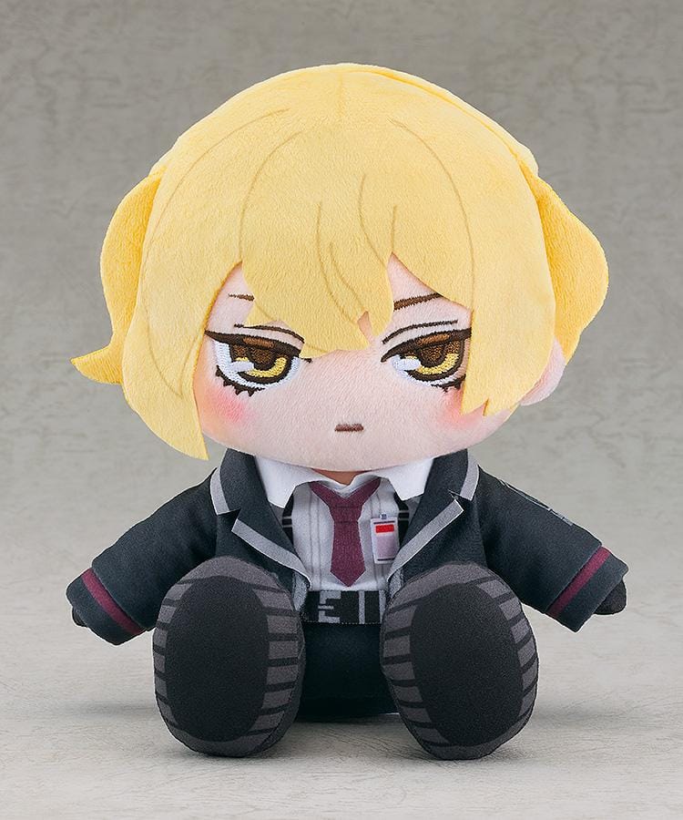 Limbus Company Sinclair plush with blond hair, embroidered golden eyes, a dark jacket, white shirt, burgundy tie, and patterned black boot soles.