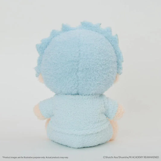 The Disastrous Life of Saiki K. Shun Kaido Fukamokogurumi Plushie featuring spiky light-blue hair, embroidered eyes, a cheerful smile, and a fluffy blue outfit with a black skull and crossbones design in a cute seated pose.