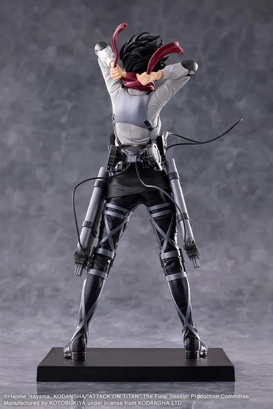 Attack on Titan Oshi Works Mikasa Ackerman The Final Season figure featuring Mikasa in her Survey Corps uniform adjusting her signature red scarf with detailed ODM gear