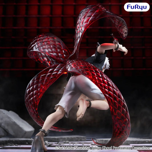 Ken Kaneki Muchute figure charging forward with white hair, an exposed ghoul eye, and four translucent red kagune surrounding him.