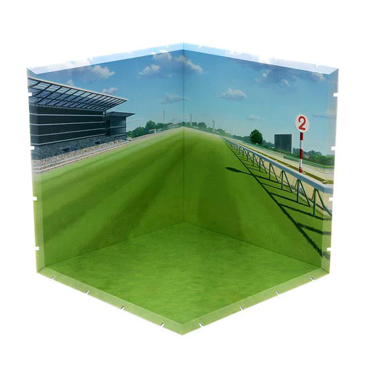 Dioramansion 200 horse racing track diorama with green field and stadium background