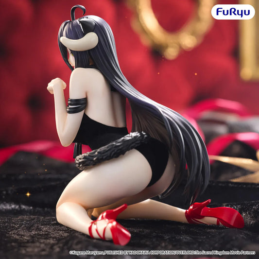 Overlord Melffy Albedo figure wearing a black cat-inspired outfit with horns, wings, cat ears, and red heels in a seated pose.