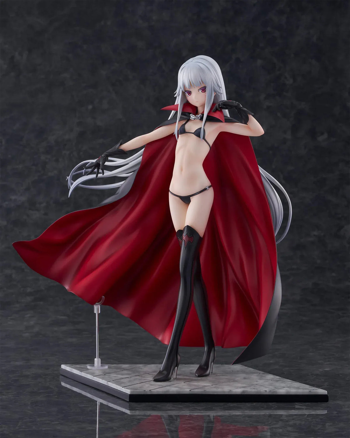 Kirie Kagarino 1/6 scale figure from Bishoujo Mangekyou featuring flowing red cape, black outfit, and silver hair on display base