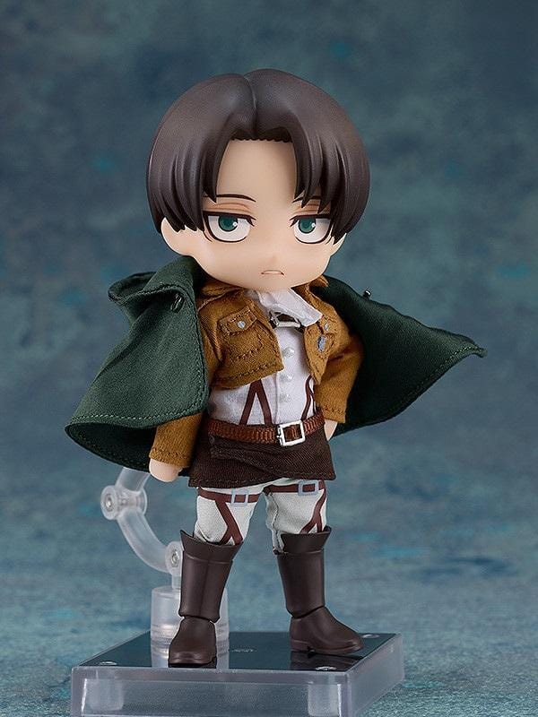 Attack on Titan Nendoroid Doll Levi (Rerelease) featuring a black-haired anime character with gray-blue eyes wearing a brown Survey Corps jacket, white shirt, harness straps, dark green cloak, and tall brown boots.