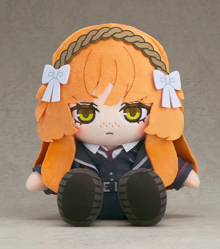 Limbus Company Plushie Ishmael featuring Ishmael in a soft chibi-style plush design with orange hair, white bow details, yellow-green eyes, freckles, and a dark uniform outfit.